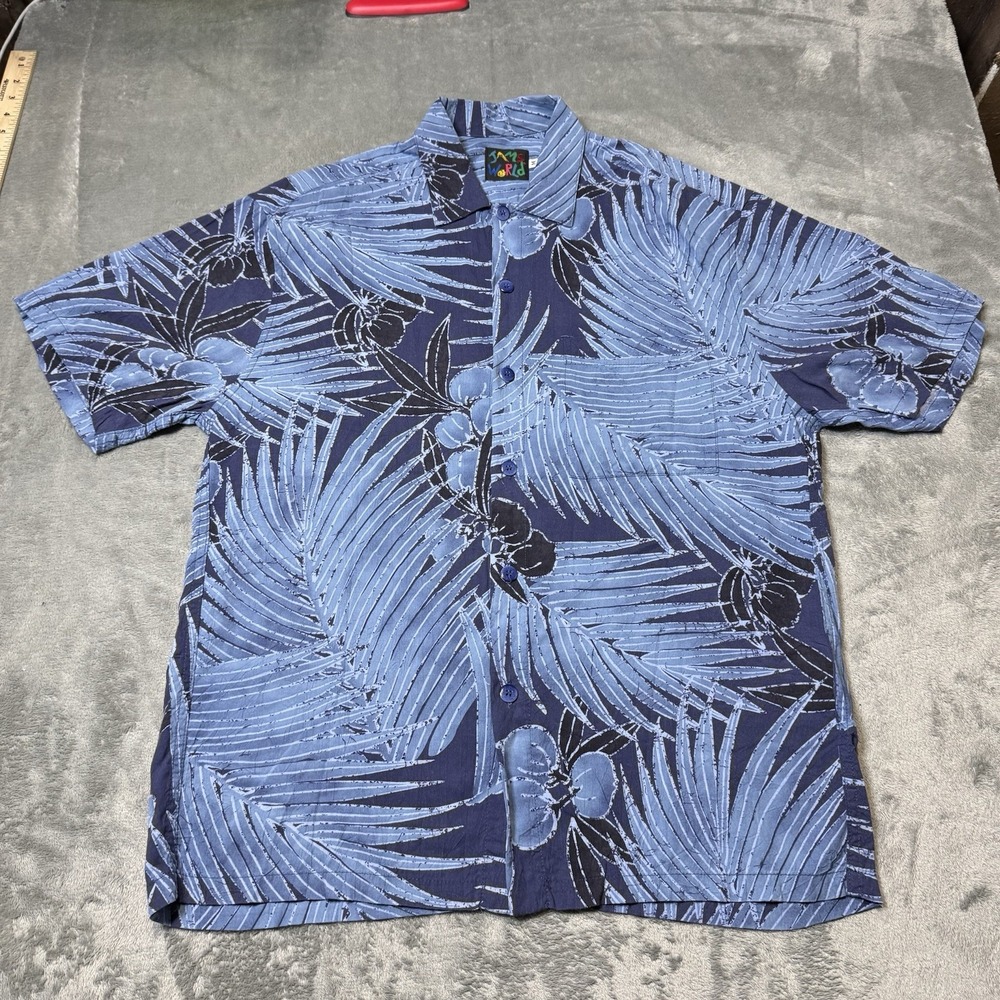 VTG JAMS WORLD Short Sleeve Rayon Button Shirt‎ Size M Blue Palm Leaves Hawaii